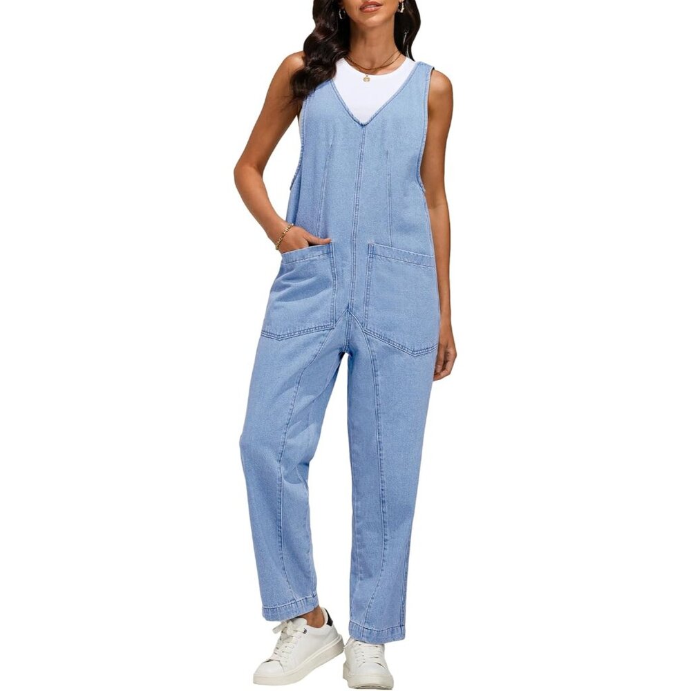 Jean Overalls for Women Sleeveless Denim Jumpsuit Ice Blue